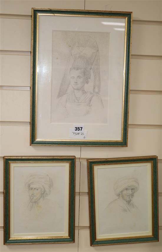 Joshua Edward Cooper (1798-1863) three drawings; studies of arabs and A Normandy peasant girl largest 25 x 16cm.